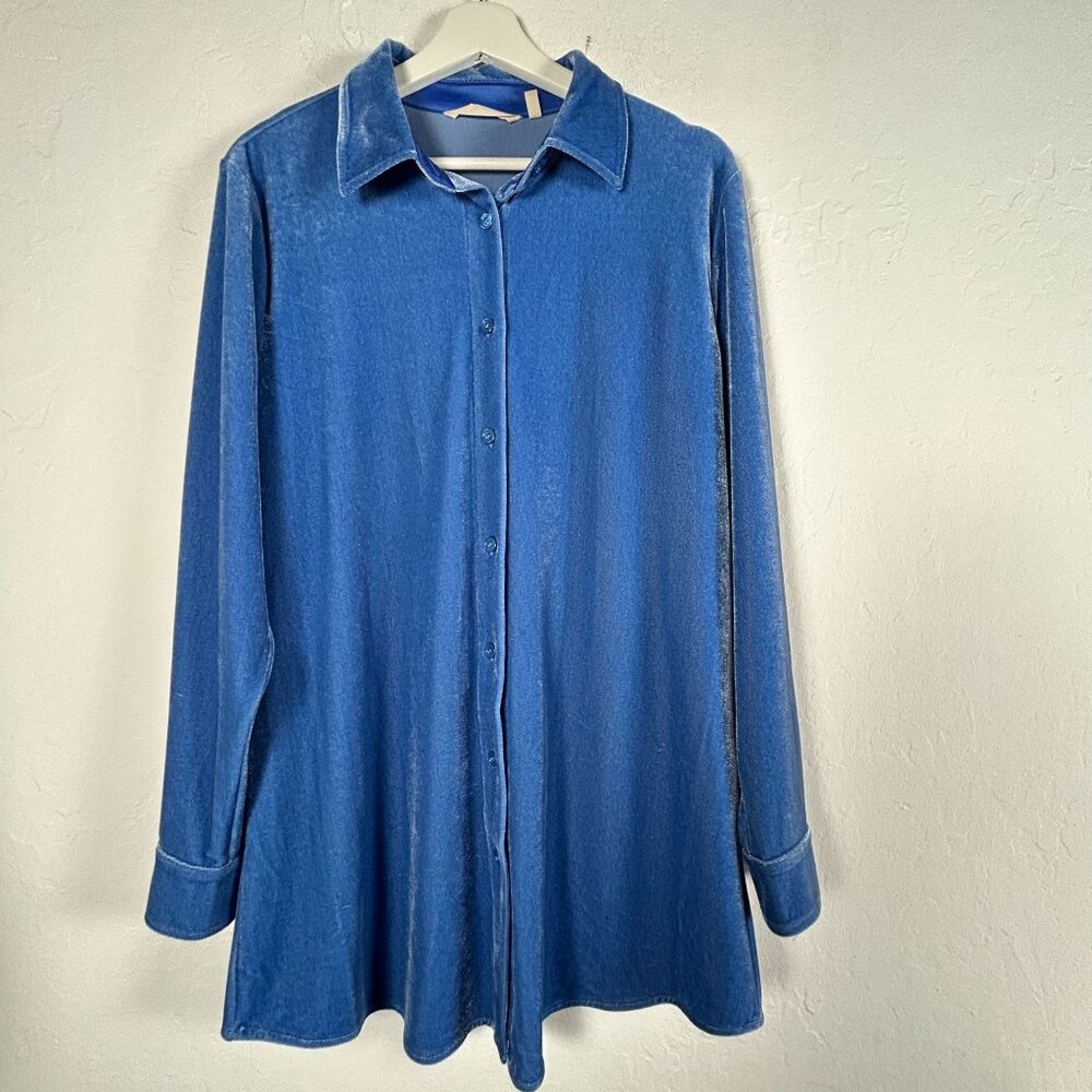 Soft Surroundings Womens Blue Velvet Button-Down Shirt Medium Long Sleeve Tunic